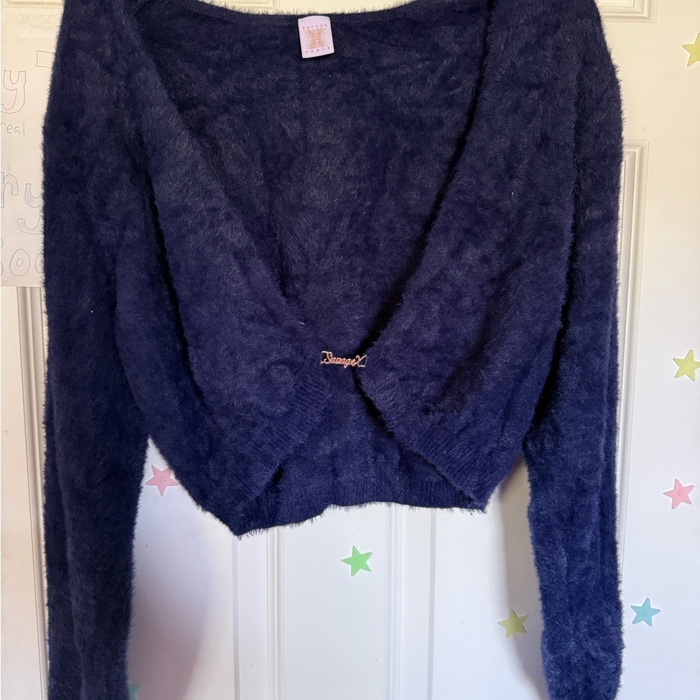 Savage X Fenty Blue Fuzzy Cropped Cardigan and “shorts” set